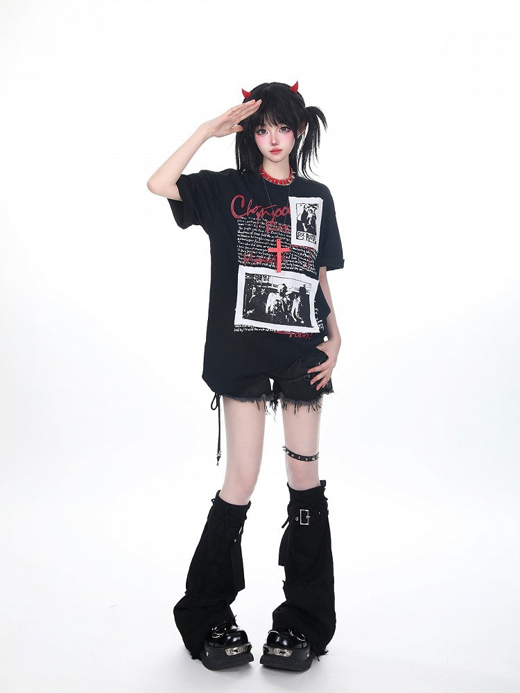 Dark Graphic Print Short-Sleeve Band Tee with Patch - KNOW8 Online Shop