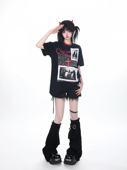 Dark Graphic Print Short-Sleeve Band Tee with Patch - KNOW8 Online Shop