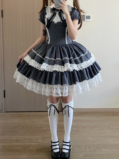 Gray Striped Lace OP Dress with Apron - Delusions Studio