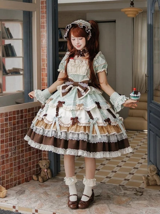 Neckline Bowknot Puff Dress Chocolate Sleeves Details Green Lolita Mint and Square Sweet