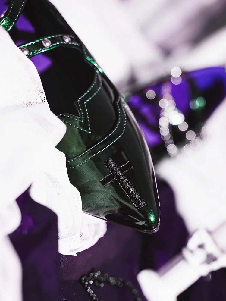 Pointed Toe Green 7cm Mary Heel Chunky Gothic in Cross Jane Subculture Embroidery Shoes with