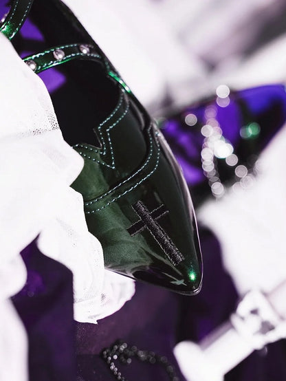 Pointed Toe Green 7cm Mary Heel Chunky Gothic in Cross Jane Subculture Embroidery Shoes with