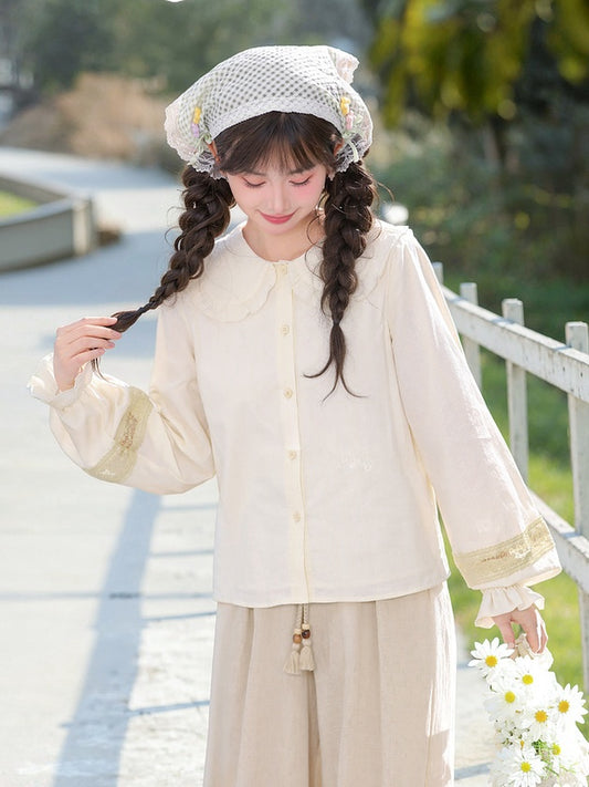 フリル袖ブラウス ピーターパンカラー ロング ライトイエロー