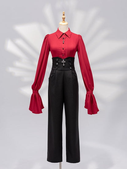 Shimmering Black High-Rise Ouji Pants with Silver Cross Buttons - DevilInspired Exclusive Collection