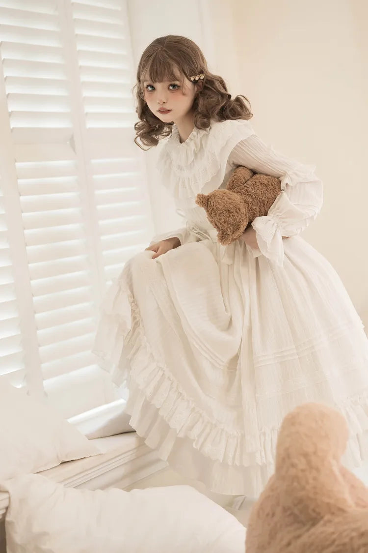 Neck All Ruffled Sleeves Long White Shiro Lolita Layered Ruffle Hemline Dress