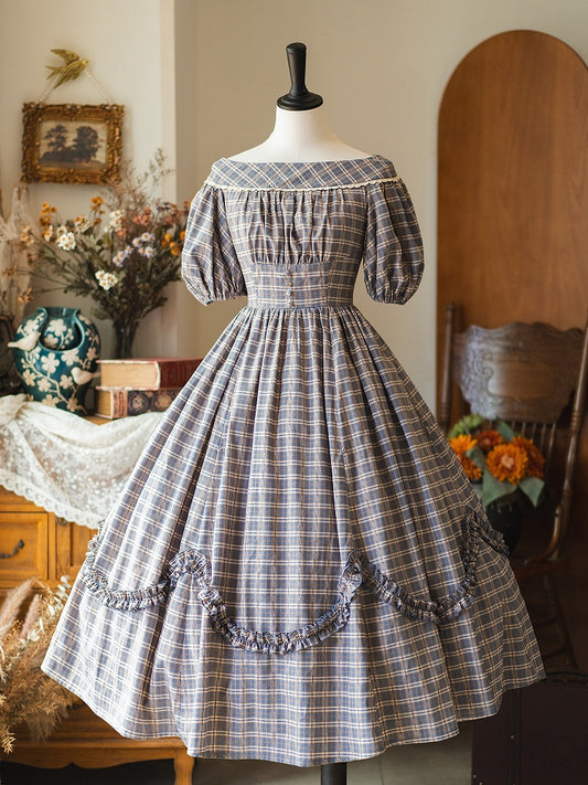 Cottagecore Dress Fashion Neckline Retro Dusty Puff Sleeves Plaid Off-the-shoulder Blue