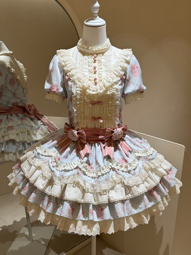 Blue Floral Short Sleeve OP Dress with Bows - Sweet Dream Box