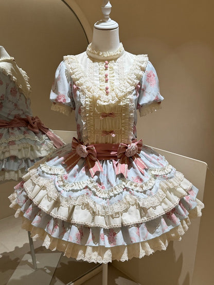 Blue Floral Short Sleeve OP Dress with Bows - Sweet Dream Box