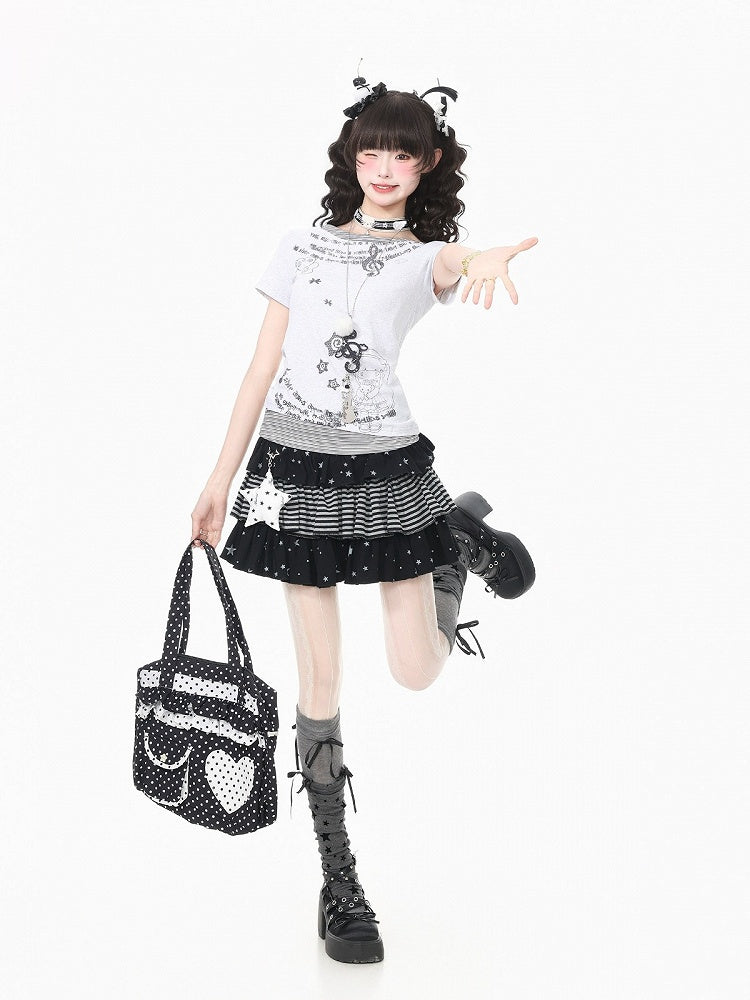 White Y2K Two-Piece Tee with Cartoon Print - Languid Park