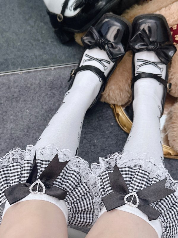 White Cuffs Ruffled Black Underknee Print With Bowknot Lolita Striped Stockings