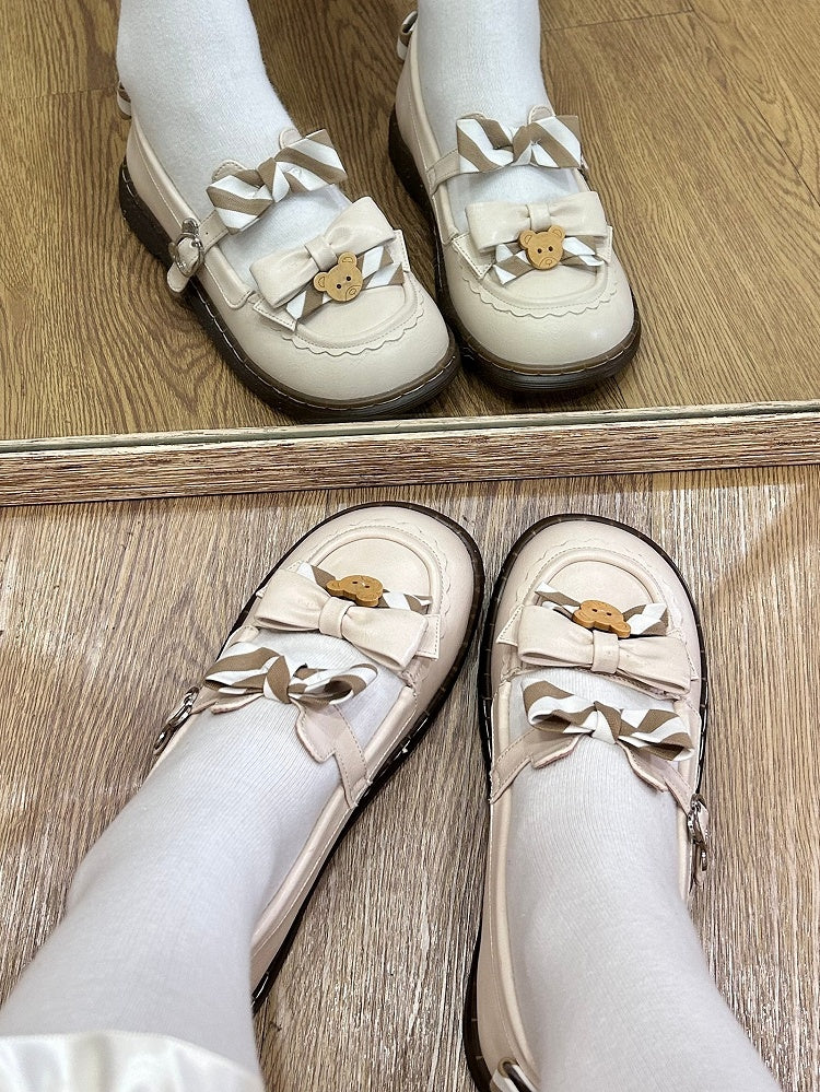 Pattern PU Details Off-white 2cm - Striped Shoes Bow Lolita Bear