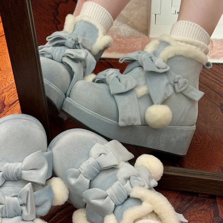 Süße Winter-Lolita mit Details Plateaufutter Herz Fleece Blau Schnalle Stiefel Bowknot