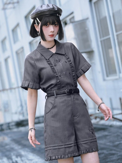 Gray Apple Embroidered Shorts with Ruffle Trim - Quirky Hut