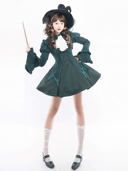 Slytherin Green Striped Pattern Lolita Dress + Waistcoat + Cropped Top Full Set