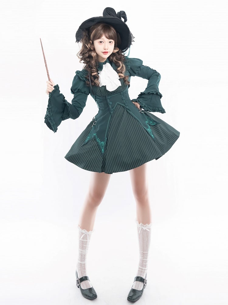 Green Striped Pattern Short Sleeves Lolita Dress with Separate Jabot Collar