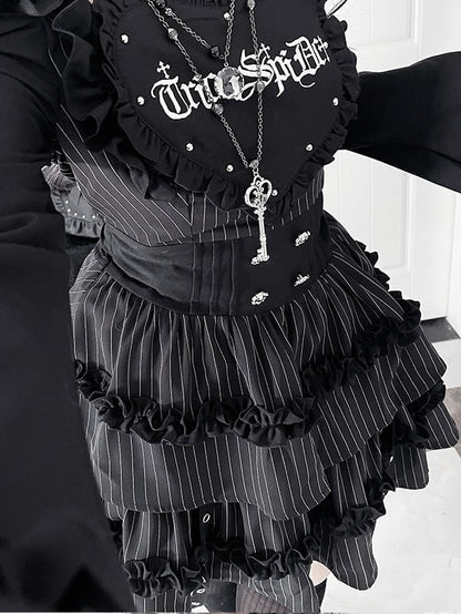 オフショルダーのレターネックラインプリントベルブラックスリーブストライプゴシックドレス