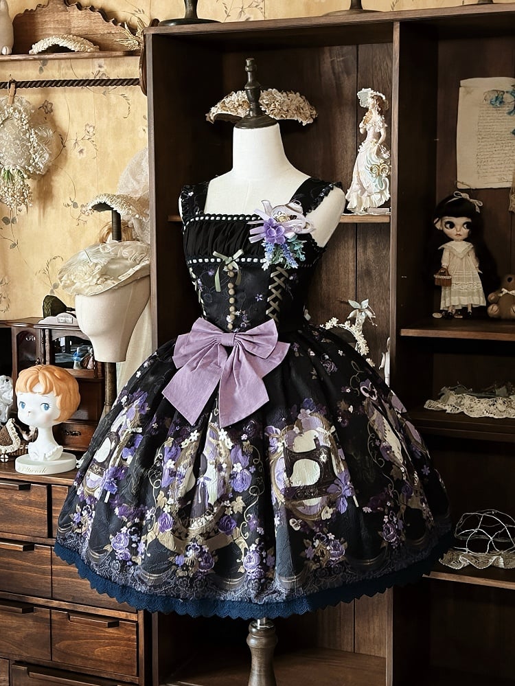 Cape Bonnet Purple Black Jacquard Print + Floral Lolita Full Set Dress JSK