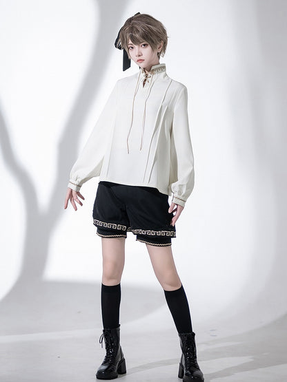 Chinoiserie Stand Ouji Shirt Lace-up Collar White