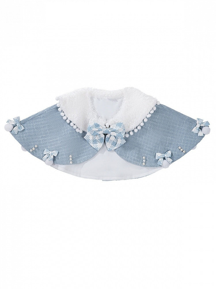 Blue White Plush Collar Bow Lolita Cape with Pearl Embellishment - Xiong Dou Jiang