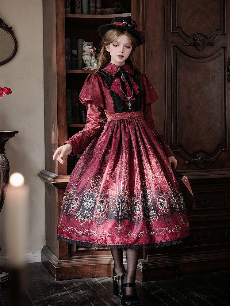 Red Dress with Lolita Wings Print Bat Gothic Candelabras Juliette Sleeves