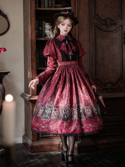 Red Dress with Lolita Wings Print Bat Gothic Candelabras Juliette Sleeves