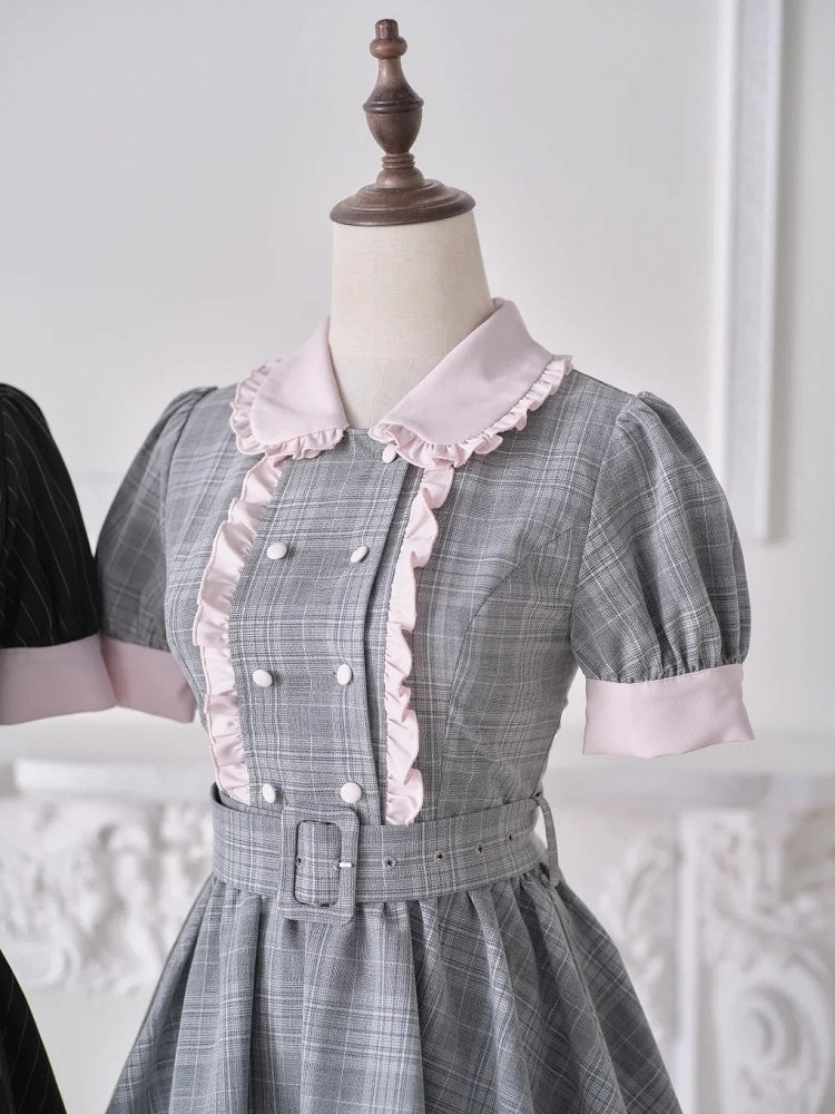 Gray Plaid Dress with Belt and Shorts Set - No Genki