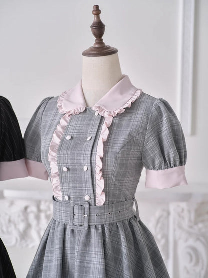 Gray Plaid Dress with Belt and Shorts Set - No Genki