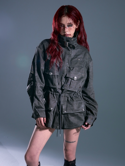 Closure Waist Zip Drawstring - Accent Punk Cargo Jacket Gray Buckled
