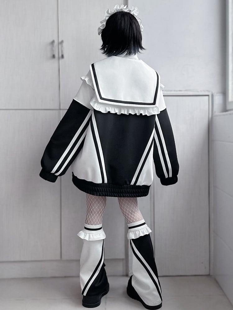 Sailor Zip WeißSchwarz Kragen Jacke Jirai Sweatshrit Verschluss Kei