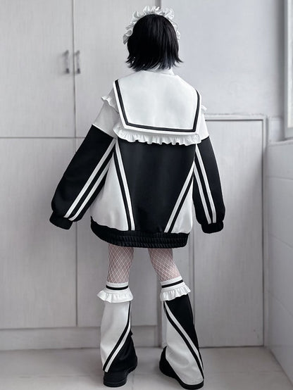 Sailor Zip WeißSchwarz Kragen Jacke Jirai Sweatshrit Verschluss Kei