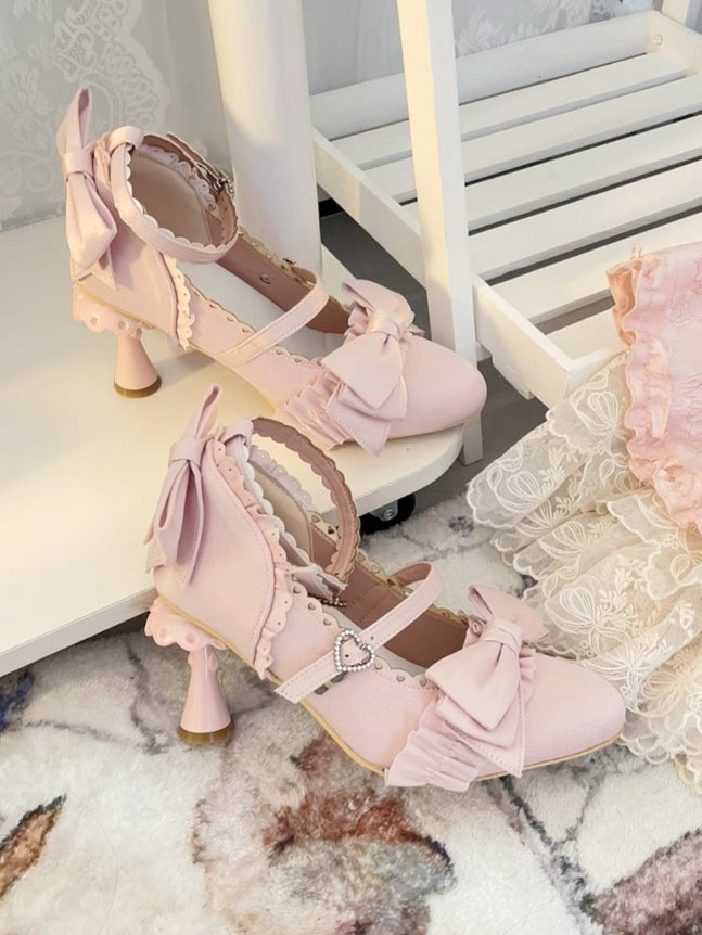 Ruffle High-heel in Decor Bows Accents Scalloped Elegant Mary Trim Jane Lolita Shoes Satin Pink