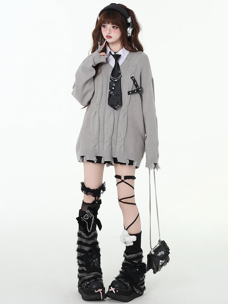 ディストレストリムフェイクツーピースプレッピーセーター（フリータイ付き）