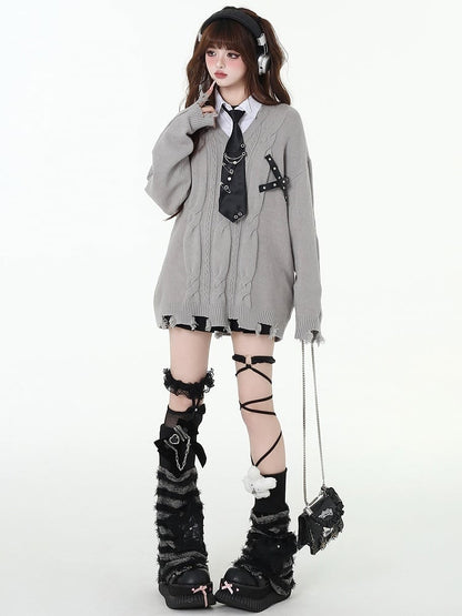 ディストレストリムフェイクツーピースプレッピーセーター（フリータイ付き）