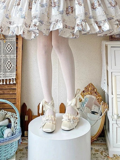 Lolita Elegant Ruffle Toe Tiered Square Sandals Off-white - Trim