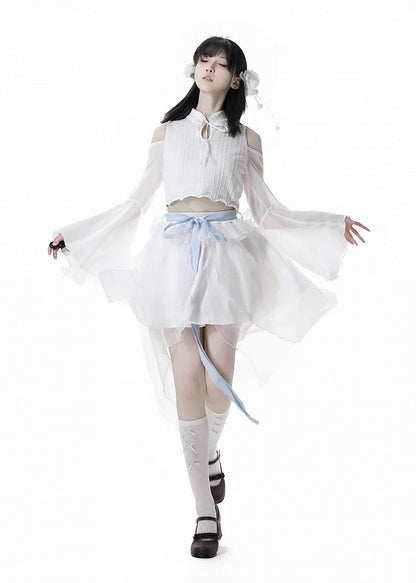 Sleeves Cropped Top White Cheongsam Collar Cutout Shoulder Bell