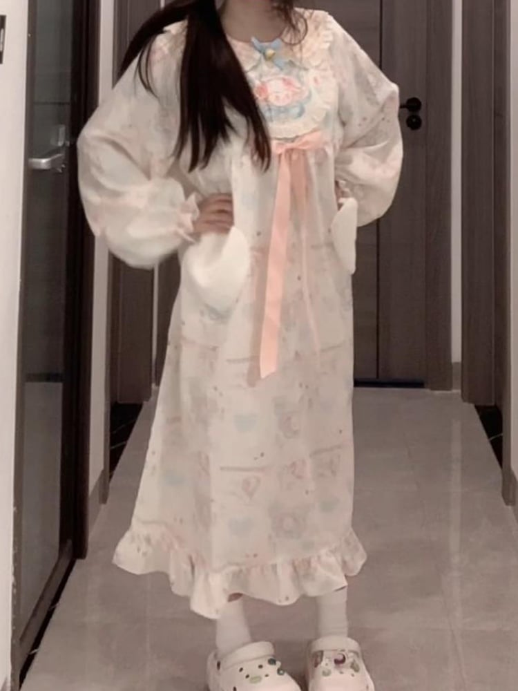 ホワイトチェック柄ピーターパンカラーのキュートな羊柄ナイトドレス