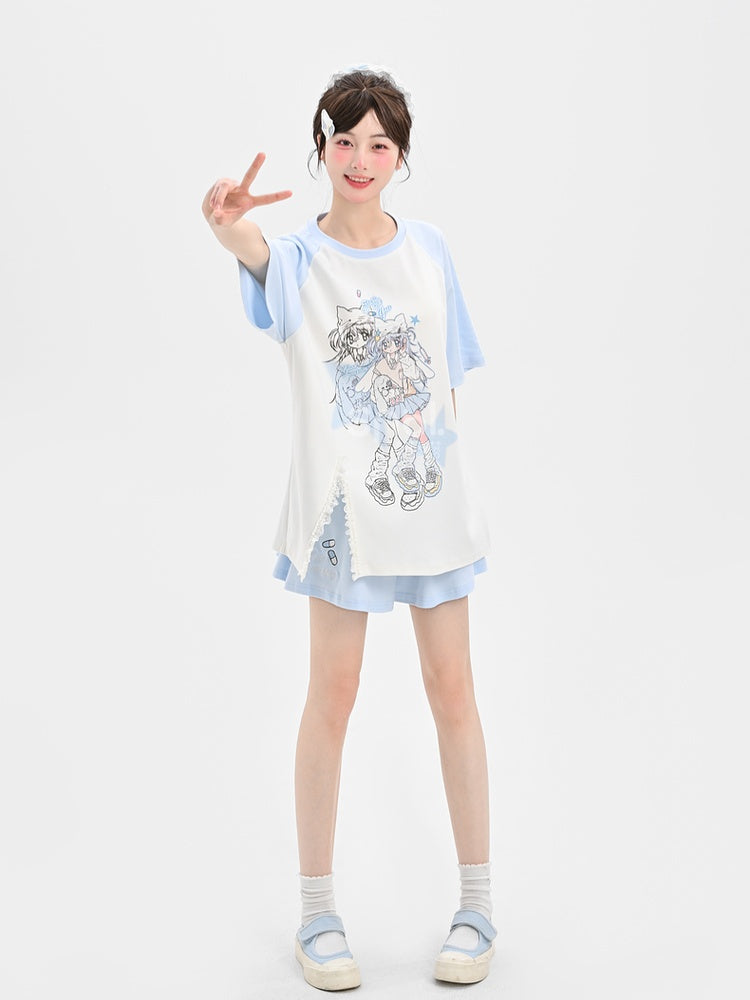 ライトブルーデザイン アニメガールプリントTシャツ カラーブロック ショート/ロングバージョン