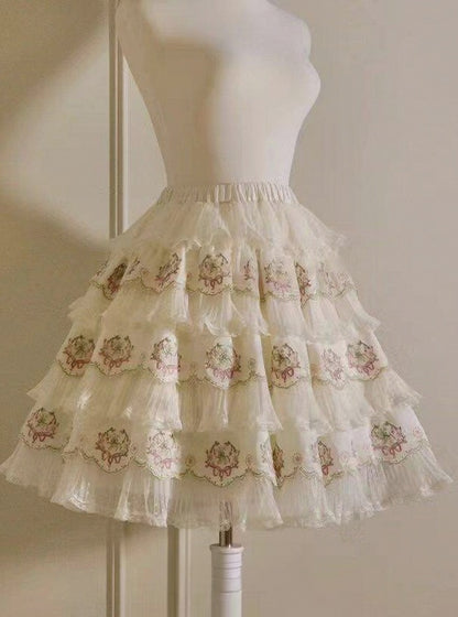 Skirt Flower Elegant Embroidery with Green Pink Details Tencel Lolita Multi-Layered