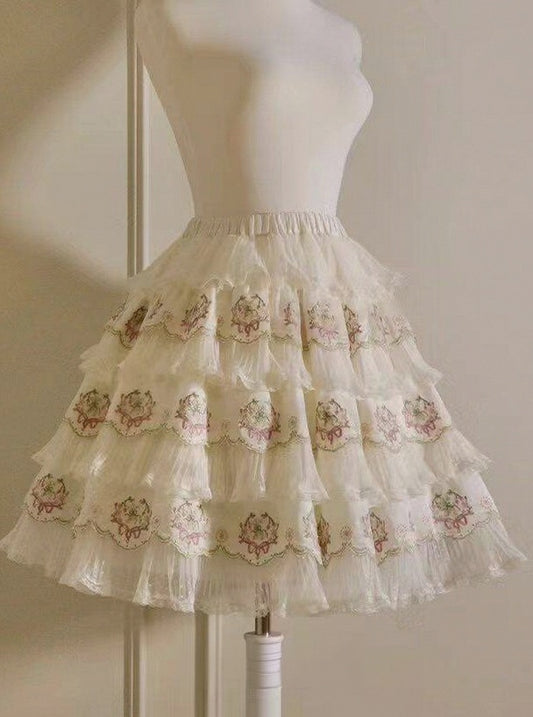 Skirt Flower Elegant Embroidery with Green Pink Details Tencel Lolita Multi-Layered