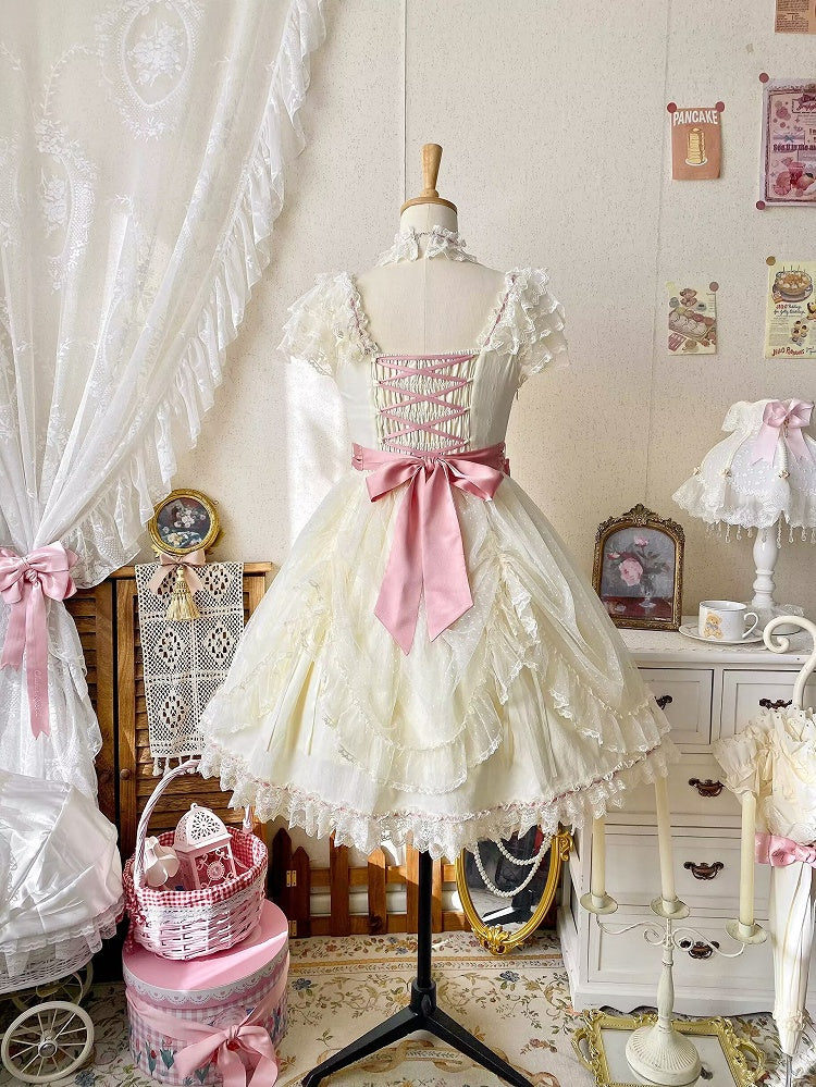 Short Lolita Dress Classic Light Version Bow with Elegant Yellow Lace and Details