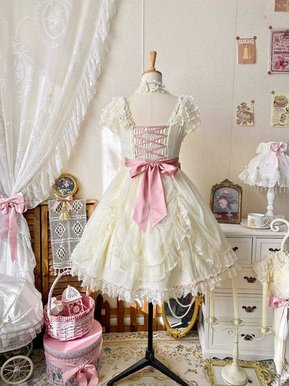 Short Lolita Dress Classic Light Version Bow with Elegant Yellow Lace and Details