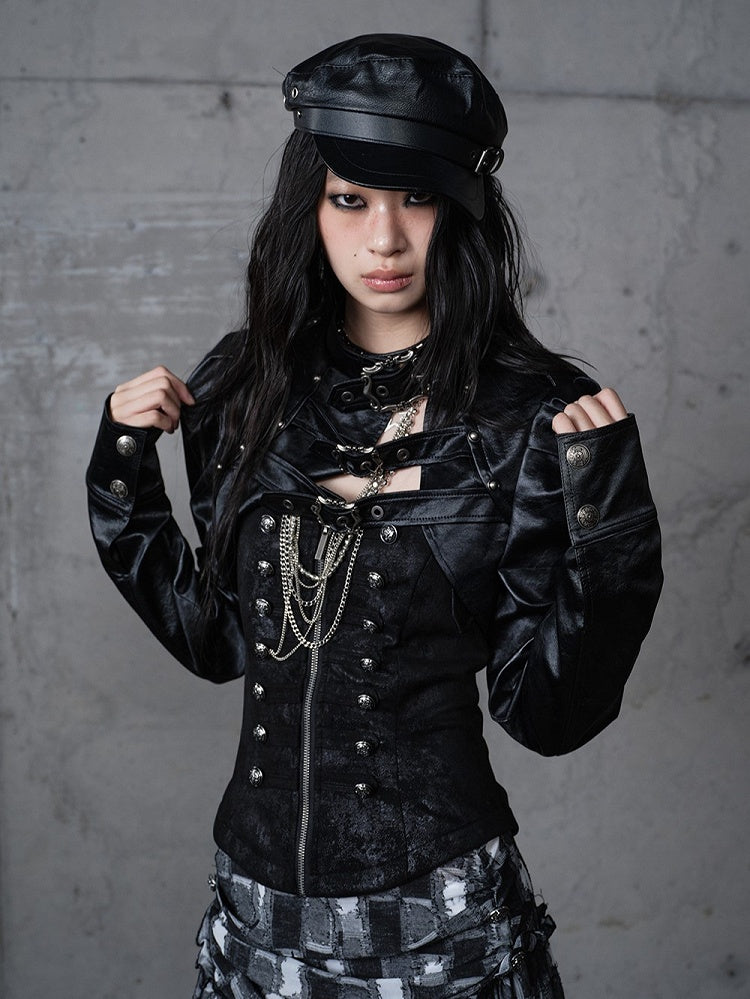 Jacket Punk with Vintage Studs PU Buckled Crop Straps Black