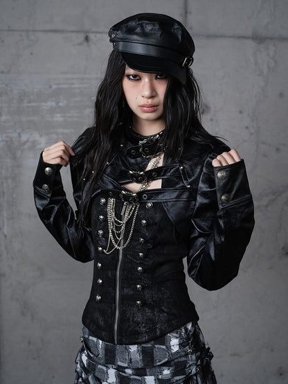 Jacket Punk with Vintage Studs PU Buckled Crop Straps Black