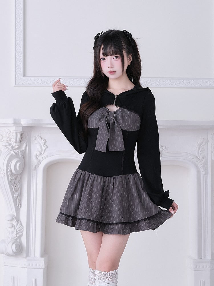 Long Design Sleeve With Black Hooded Jirai And Dress Kei Gray Striped