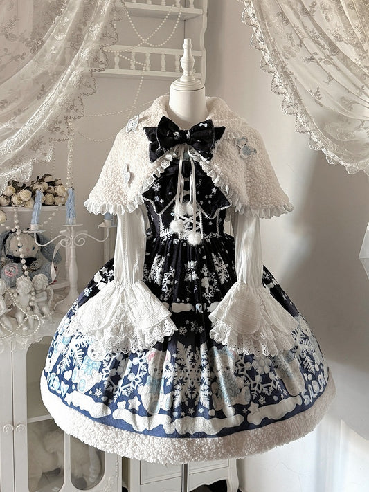 Sweet Winter Lolita Snowy Teddy Print Black-Dark Blue Gradient Lolita JSK Full Set