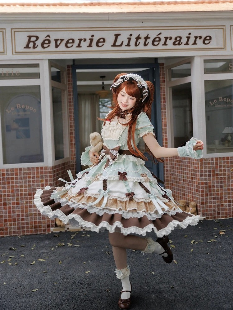 Neckline Bowknot Puff Dress Chocolate Sleeves Details Green Lolita Mint and Square Sweet