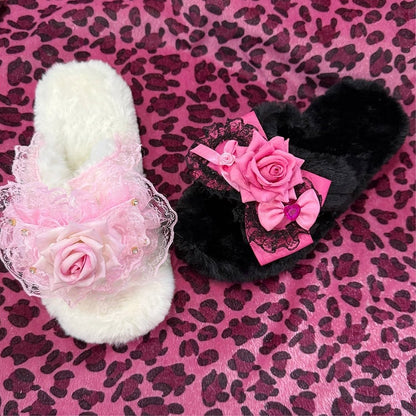 Fashion with Bow Slippers Plush Black/White Pink Gyaru Hime