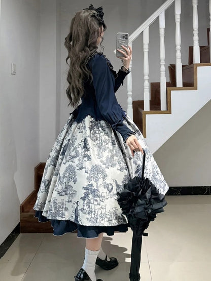 Piece Animals Lolita White Print Long-Sleeve One Dark Elegant Blue Forest