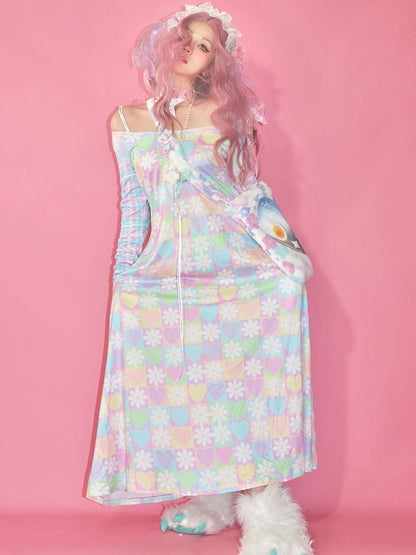 Blumendruckmuster Herz Y2K Buntes und kariertes Bärenkleid