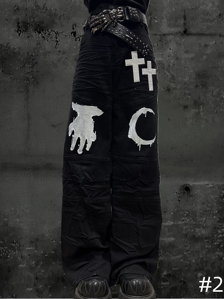 Moon with Pattern Black Cross Wide-leg Hand Jeans Patch Y2K